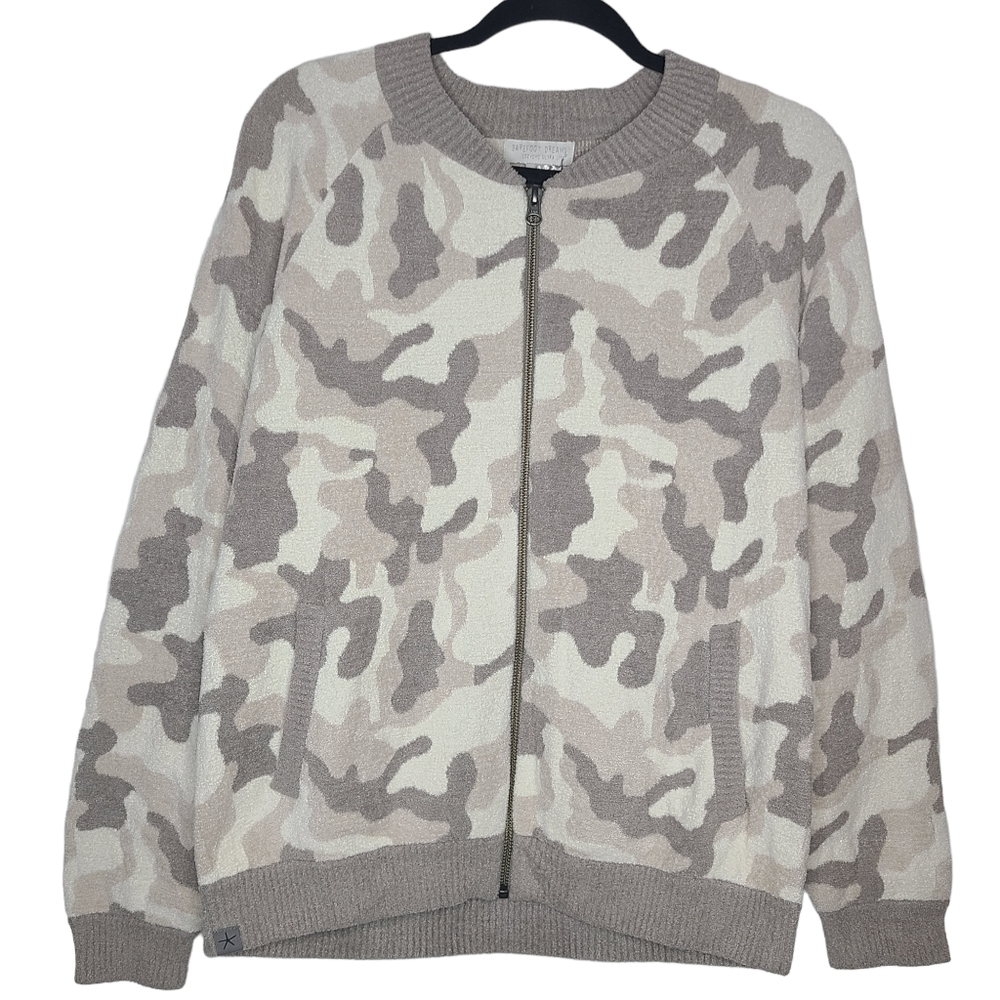Barefoot Dreams Cozychic Ultra Lite Camo Zip Up Bomber Warm Gray Multi Med NWT